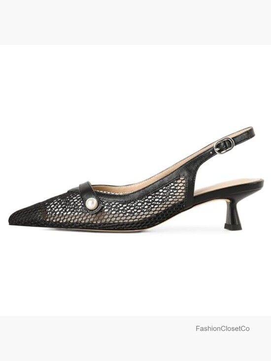 Slingback Pearl Strap Heels with Removable Pearl Ankle Strap Slingback Kitten Heels Closed Pointed Toe Mesh Pumps Pearl Strap Dress Shoes